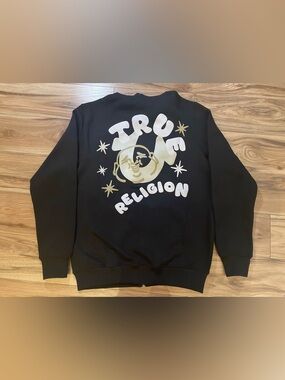 New True Religion Black Zip Hoodie with Chest Graphic Puff Buddha M